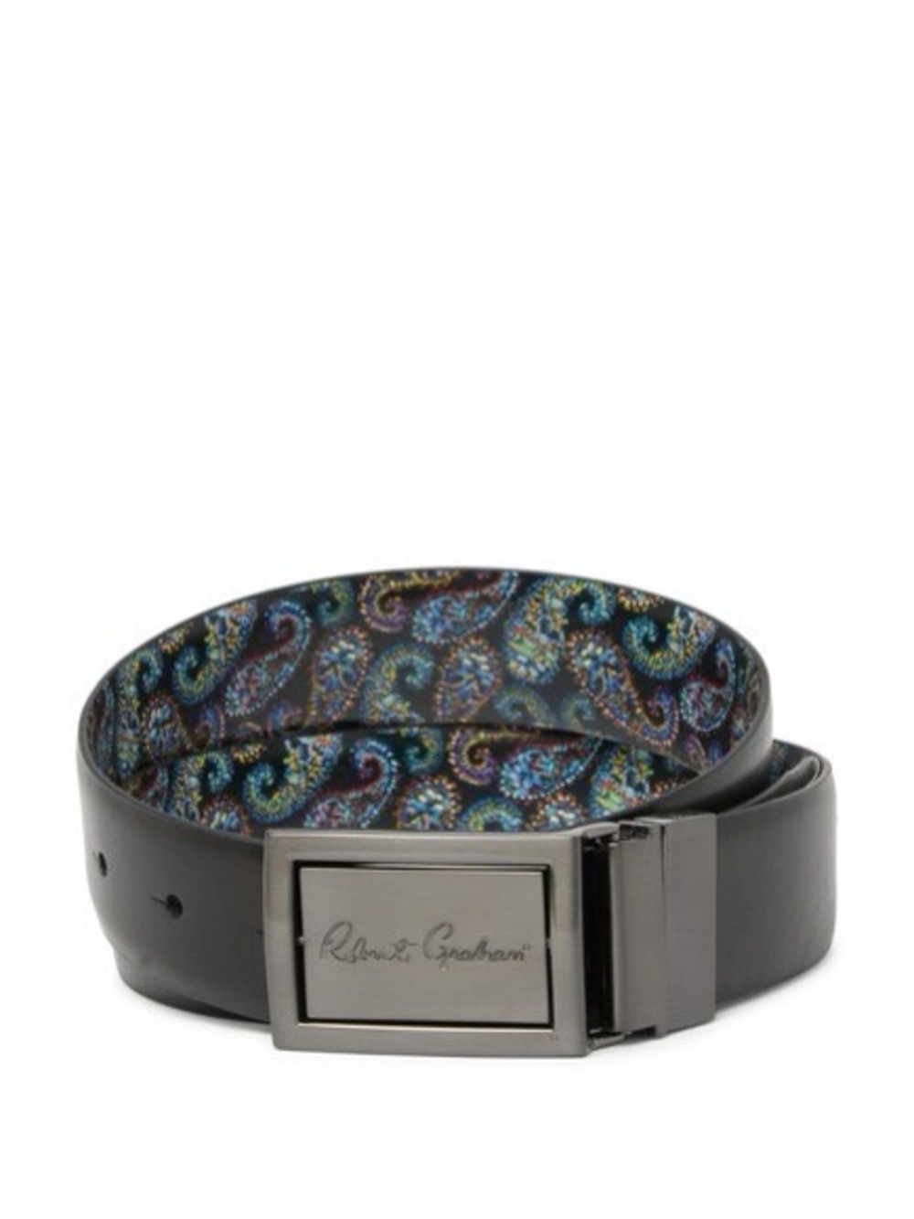 Robert Graham Mens Black Reversible Leather Belt with Brushed Metal Logo Buckle